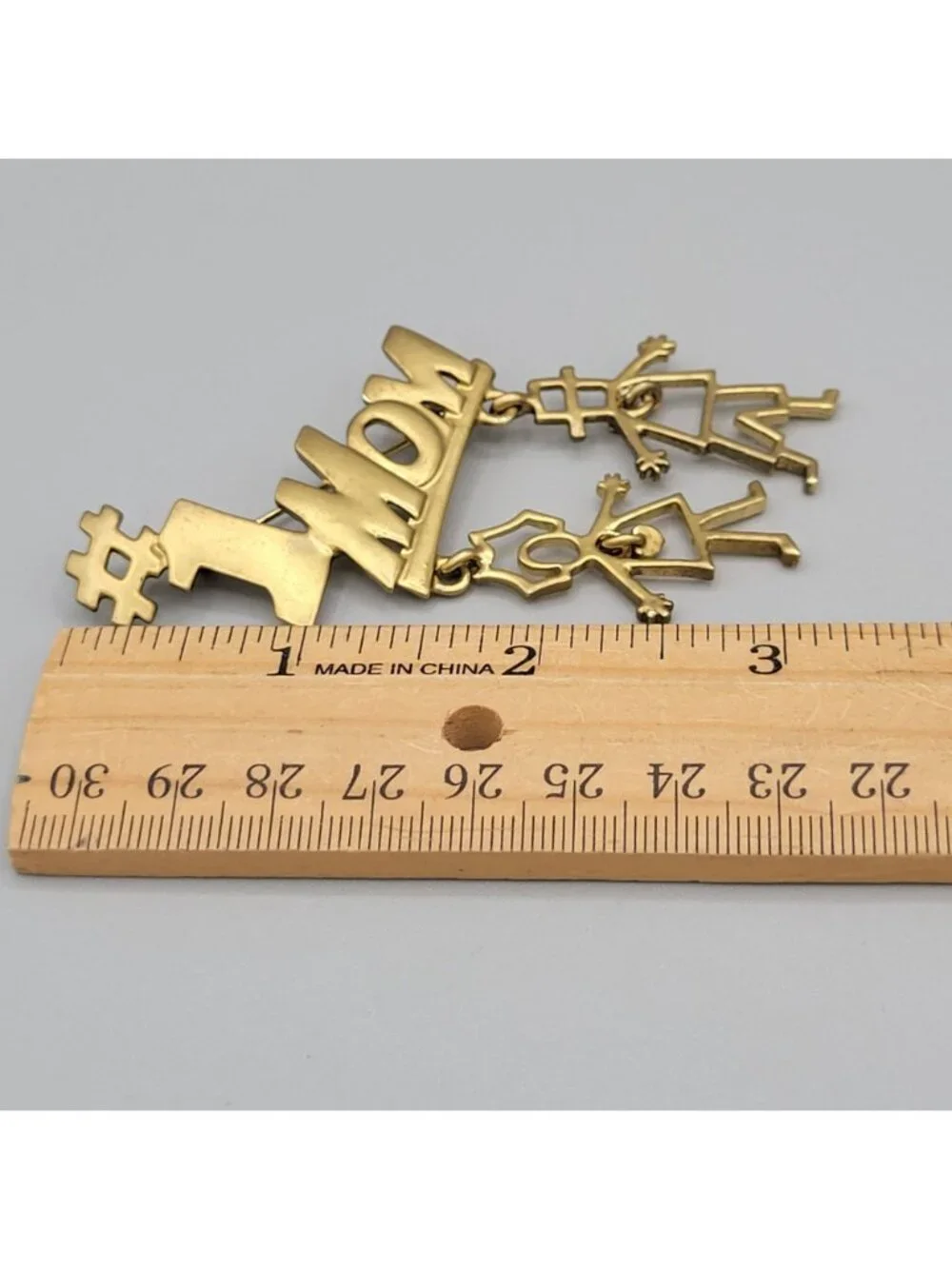 Gold Tone #1 Mom Pin Brooch Dangling Boy and Girl Charms Heart Accents Signed